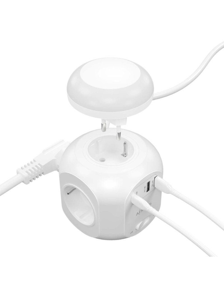 Regleta con Interruptor y Luz Nocturna Aisens ASPS-2A1CLPQ02-W/ 4 Tomas de Corriente/ 1 USB Tipo-C PD/ 2 USB/ Cable 1.8m/ Blanco