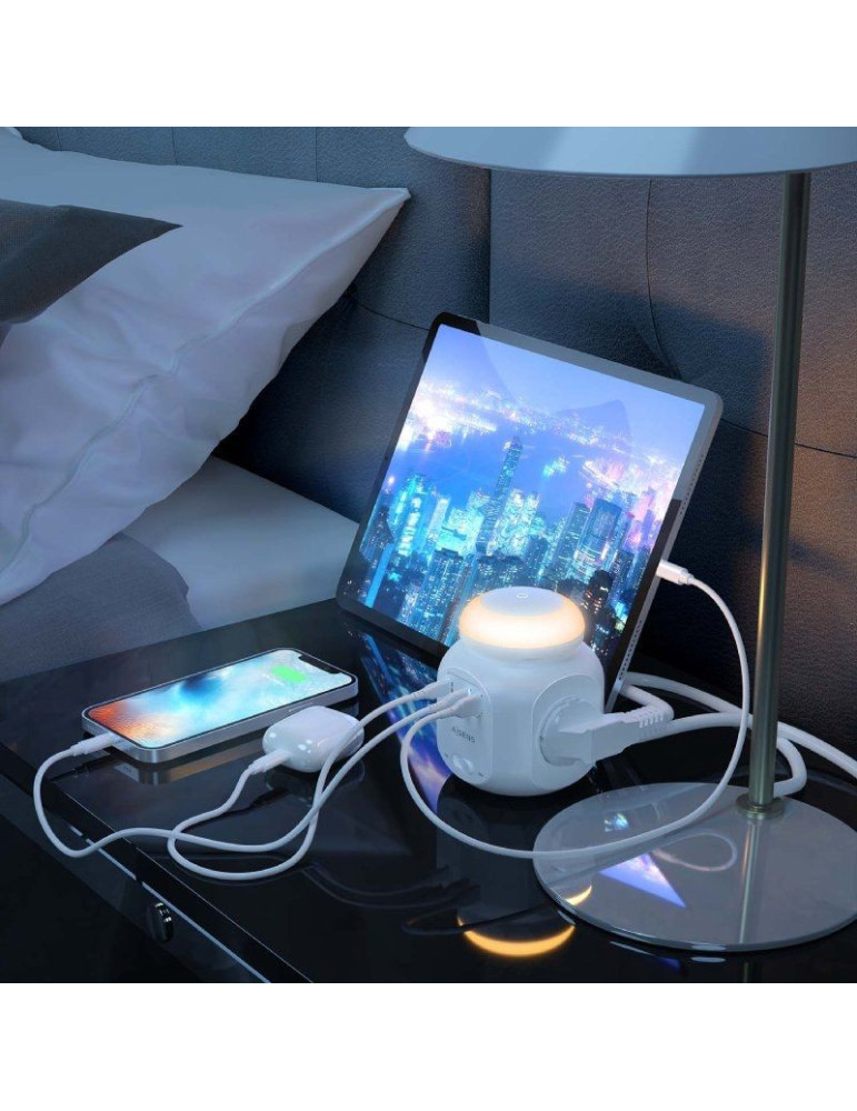 Regleta con Interruptor y Luz Nocturna Aisens ASPS-2A1CLPQ02-W/ 4 Tomas de Corriente/ 1 USB Tipo-C PD/ 2 USB/ Cable 1.8m/ Blanco