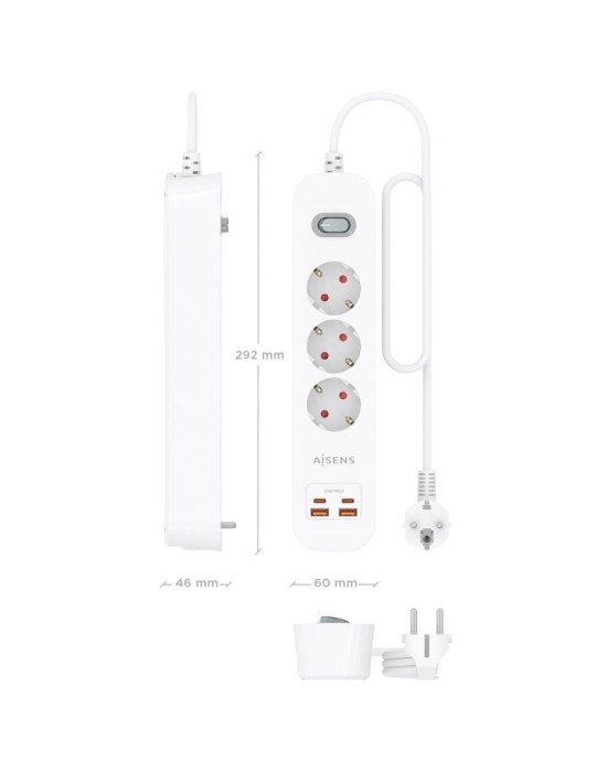 Regleta con Interruptor Aisens ASPS-2A2C10-W/ 3 Tomas de Corriente/ 2 USB - 2 USB Tipo-C/ Cable 1.4m/ Blanco