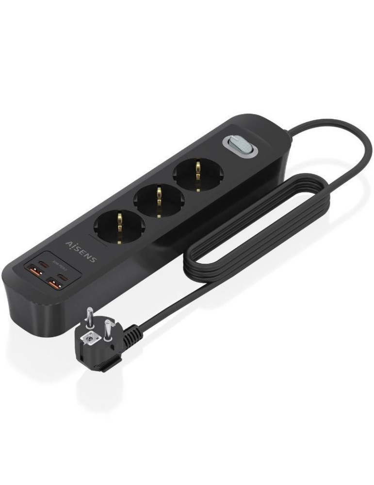 Regleta con Interruptor Aisens ASPS-2A2C11-BK/ 3 Tomas de Corriente/ 2 USB - 2 USB Tipo-C/ Cable 1.4m/ Negro