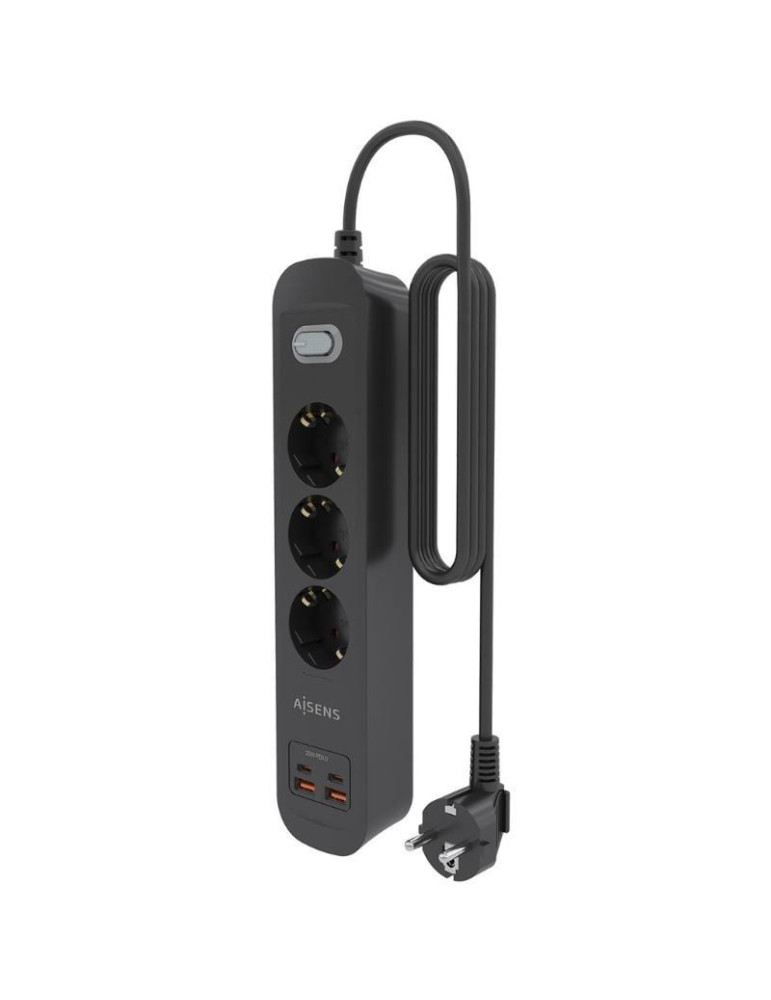 Regleta con Interruptor Aisens ASPS-2A2C11-BK/ 3 Tomas de Corriente/ 2 USB - 2 USB Tipo-C/ Cable 1.4m/ Negro