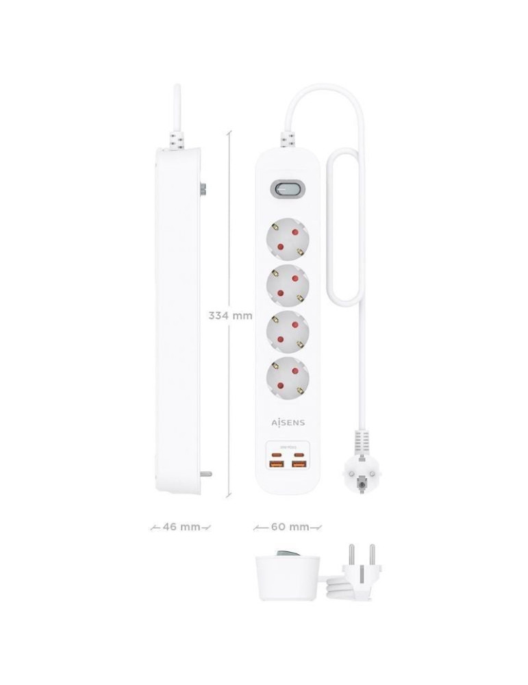 Regleta con Interruptor Aisens ASPS-2A2C12-W/ 4 Tomas de Corriente/ 2 USB - 2 USB Tipo-C/ Cable 1.4m/ Blanco