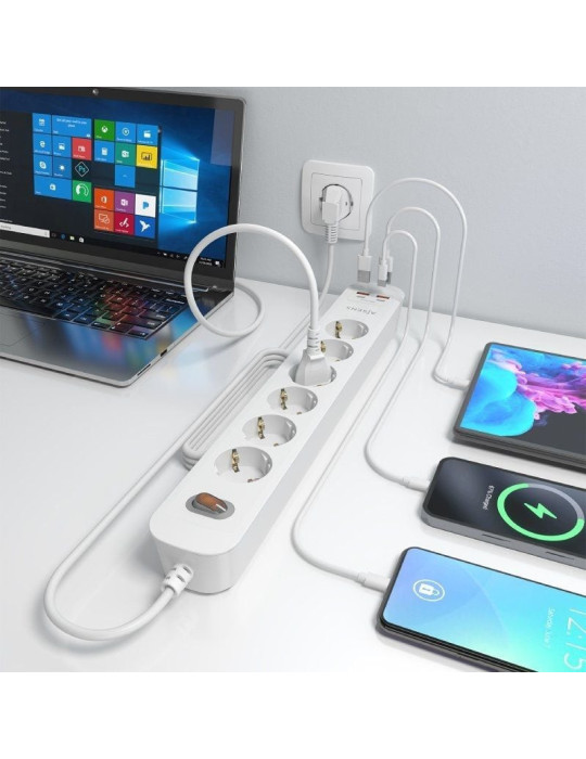 Regleta con Interruptor Aisens ASPS-2A2C16-W/ 6 Tomas de Corriente/ 2 USB - 2 USB Tipo-C/ Cable 1.4m/ Blanco