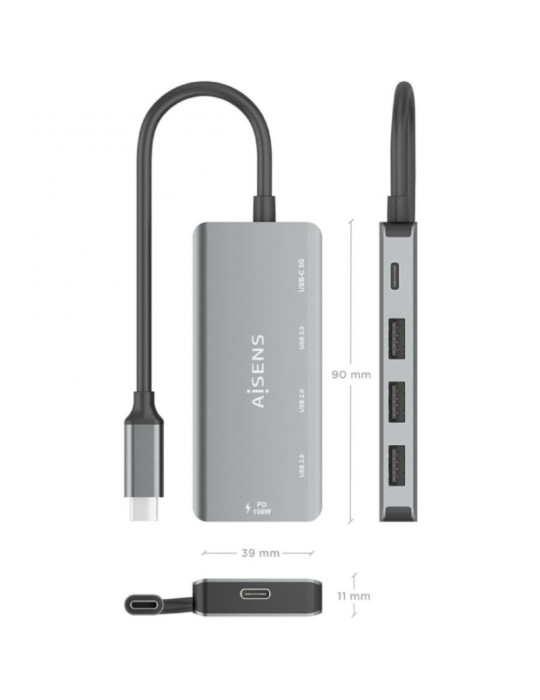 Hub USB Tipo-C Aisens A109-0945/ 3xUSB/ 1xUSB Tipo-C/ 1xUSB Tipo-C PD/ Gris