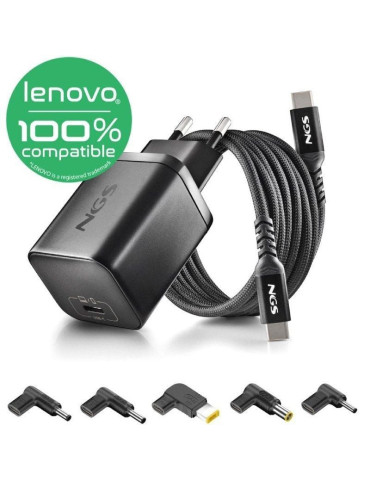 Cargador de Portátil GaN NGS BUD65W-L para Lenovo/ 1xUSB Tipo-C/ 65W/ Automático/ 5 Conectores/ Voltaje 5-20V