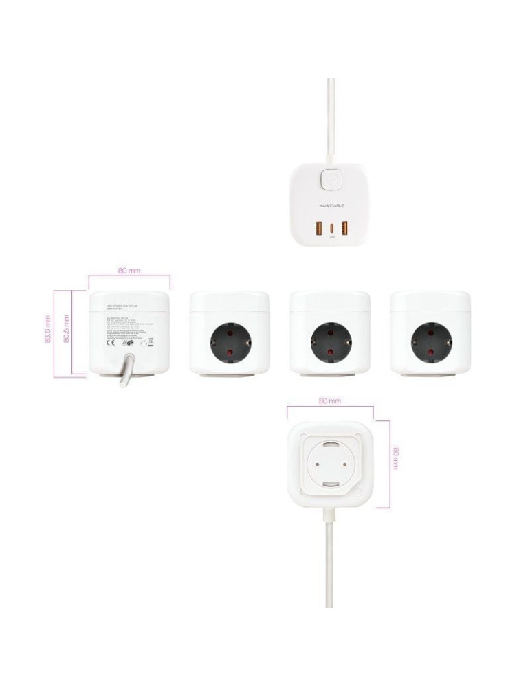 Regleta Nanocable 10.37.0011/ 3 Tomas de corriente/ 2 USB - 1 USB Tipo-C/ Cable 1.4m/ Blanca