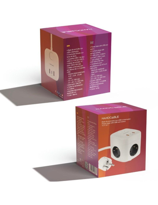 Regleta Nanocable 10.37.0011/ 3 Tomas de corriente/ 2 USB - 1 USB Tipo-C/ Cable 1.4m/ Blanca