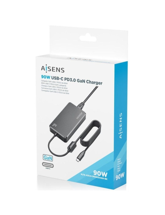 Cargador de Portátil GaN Aisens ASCH-1PD90D069-BK/ 1xUSB Tipo-C/ 90W/ Automático/ Voltaje 5-20V