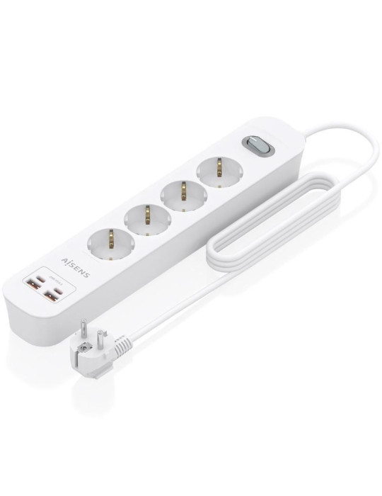 Regleta con Interruptor Aisens ASPS-2A2C12-W/ 4 Tomas de Corriente/ 2 USB - 2 USB Tipo-C/ Cable 1.4m/ Blanco