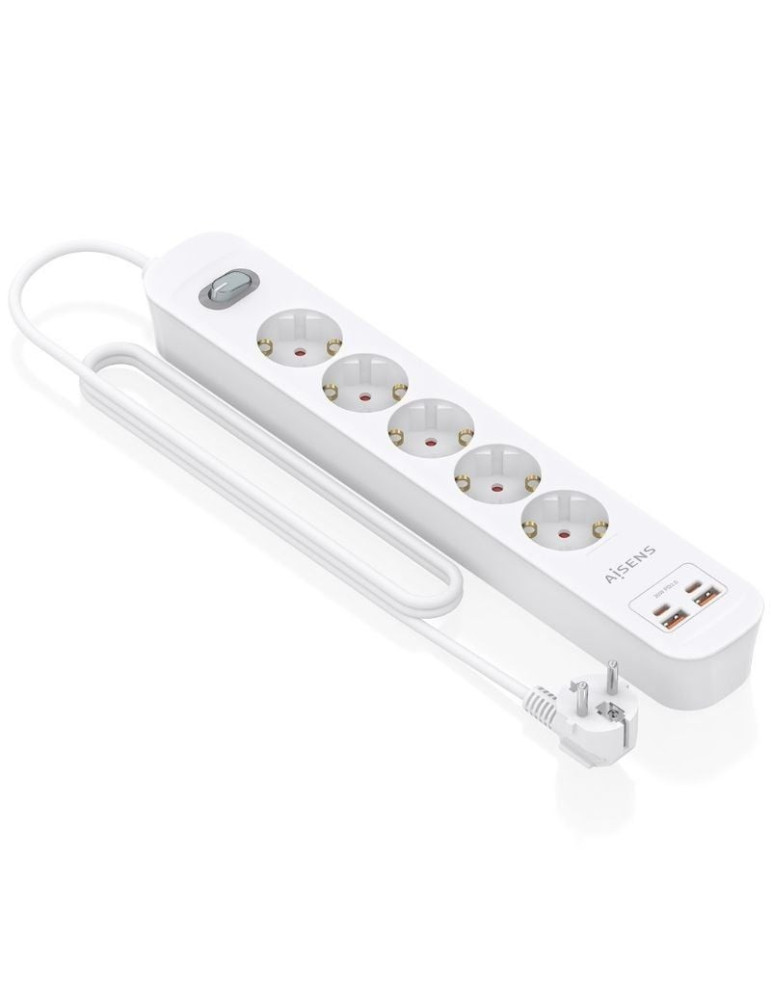 Regleta con Interruptor Aisens ASPS-2A2C14-W/ 5 Tomas de Corriente/ 2 USB - 2 USB Tipo-C/ Cable 1.4m/ Blanco
