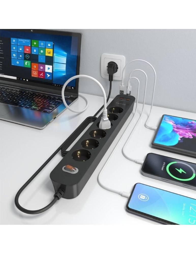 Regleta con Interruptor Aisens ASPS-2A2C17-BK/ 6 Tomas de Corriente/ 2 USB - 2 USB Tipo-C/ Cable 1.4m/ Negro