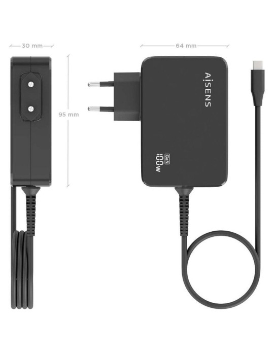 Cargador de Portátil GaN Aisens ASCH-1PD100WL50-BK USB Tipo-C/ 100W/ Automático/ Voltaje 5-20V