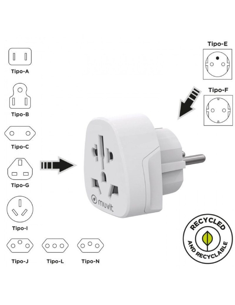 Enchufe Universal Muvit For Change MCADP0007/ 1 Toma de Corriente/ Blanco