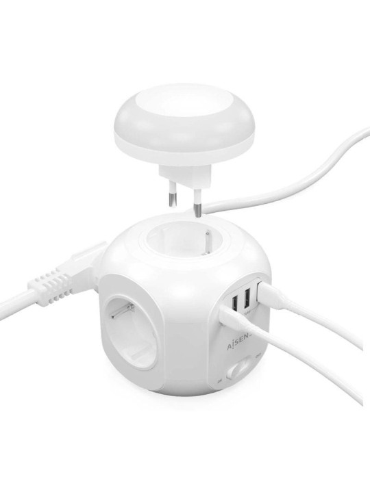 Regleta con Interruptor y Luz Nocturna Aisens ASPS-3A1CL01-W/ 4 Tomas de Corriente/ 1 USB Tipo-C/ 3 USB/ Cable 1.8m/ Blanco