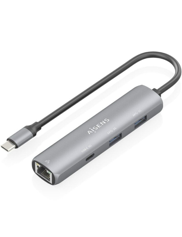 Hub USB Tipo-C Aisens ASUC-4P038-GR/ 1xUSB Tipo-C/ 2xUSB/ 1xRJ45/ Gris