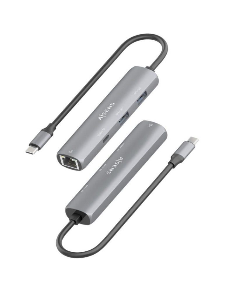Hub USB Tipo-C Aisens ASUC-4P038-GR/ 1xUSB Tipo-C/ 2xUSB/ 1xRJ45/ Gris