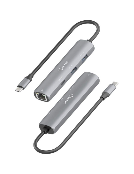 Hub USB Tipo-C Aisens ASUC-4P038-GR/ 1xUSB Tipo-C/ 2xUSB/ 1xRJ45/ Gris