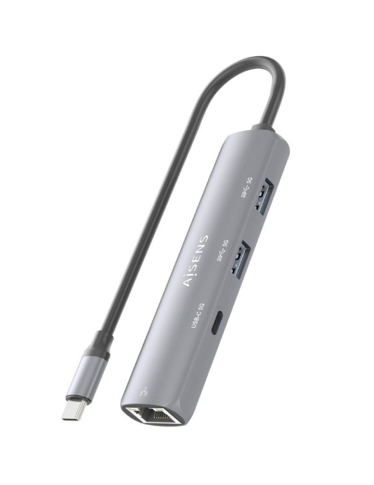 Hub USB Tipo-C Aisens ASUC-4P038-GR/ 1xUSB Tipo-C/ 2xUSB/ 1xRJ45/ Gris