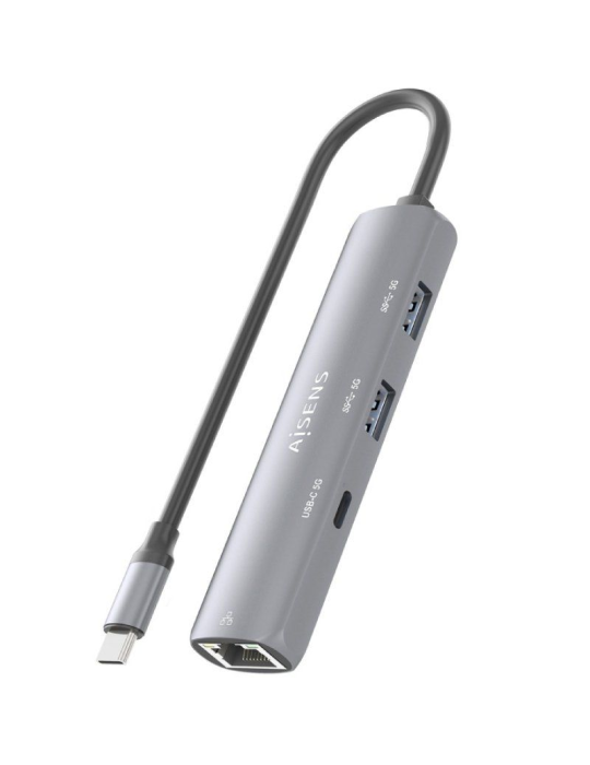 Hub USB Tipo-C Aisens ASUC-4P038-GR/ 1xUSB Tipo-C/ 2xUSB/ 1xRJ45/ Gris