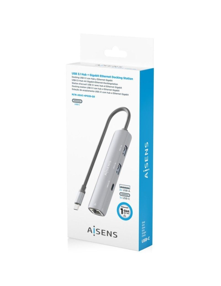 Hub USB Tipo-C Aisens ASUC-4P038-GR/ 1xUSB Tipo-C/ 2xUSB/ 1xRJ45/ Gris