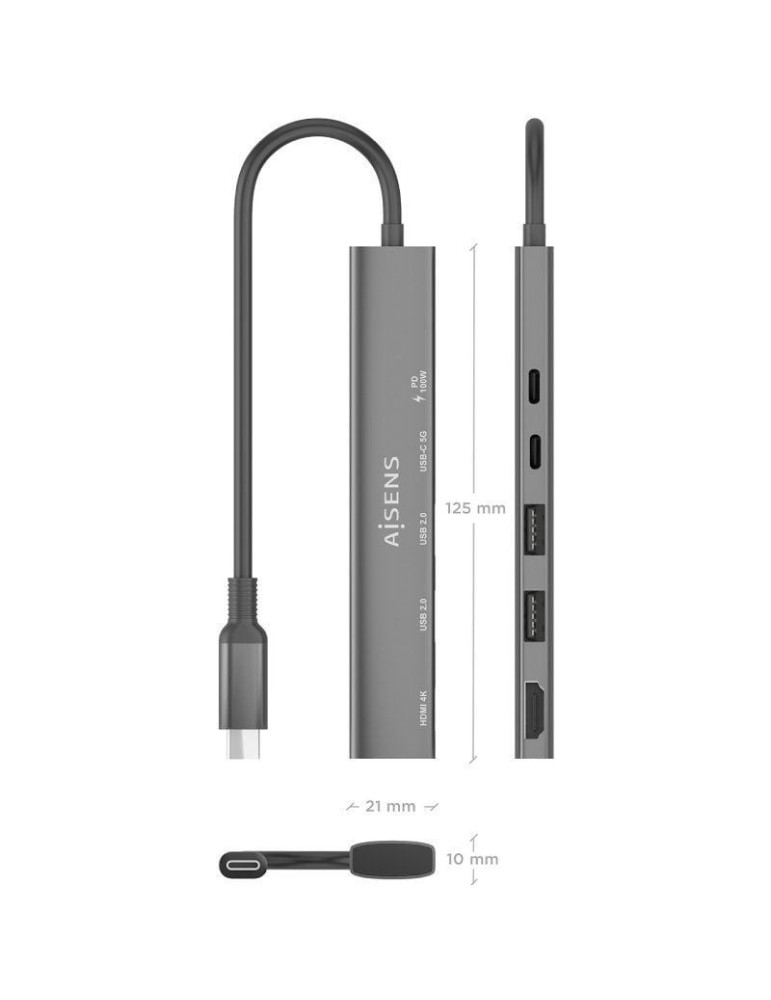 Docking USB Tipo-C Aisens ASUC-5P022-GR/ 1xHDMI 4K/ 2xUSB/ 1xUSB Tipo-C/ 1xUSB Tipo-C PD/ Gris