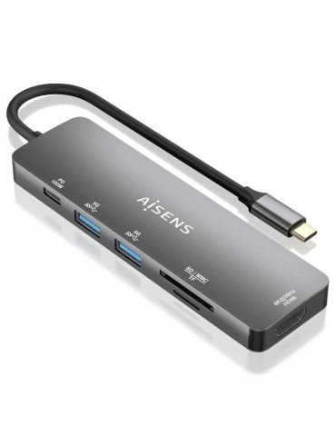 Docking USB Tipo-C Aisens ASUC-6P016-GR/ 1xHDMI 4K/ 2xUSB/ 1xLector Tarjetas/ 1xUSB Tipo-C PD/ Gris