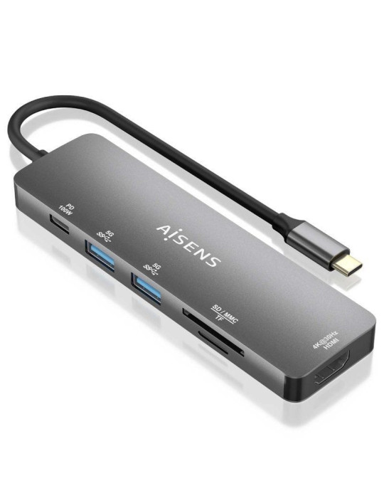 Docking USB Tipo-C Aisens ASUC-6P016-GR/ 1xHDMI 4K/ 2xUSB/ 1xLector Tarjetas/ 1xUSB Tipo-C PD/ Gris