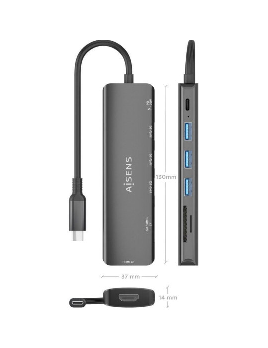Docking USB Tipo-C Aisens ASUC-7P025-GR/ 1xHDMI 4K/ 3xUSB/ 1xUSB Tipo-C PD/ 1xLector Tarjetas/ Gris