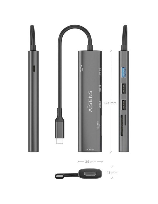 Docking USB Tipo-C Aisens ASUC-7P025-GR/ 1xHDMI 4K/ 3xUSB/ 1xUSB Tipo-C PD/ 1xLector Tarjetas/ Gris