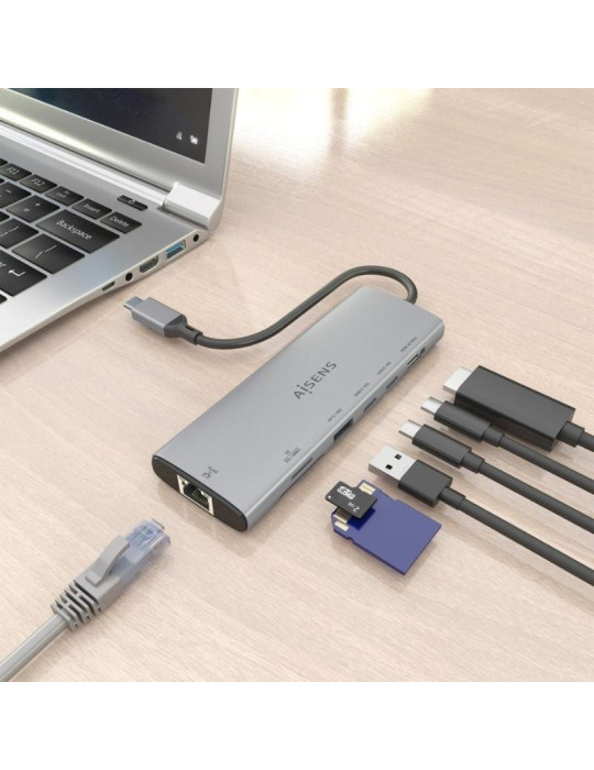 Docking USB Tipo-C Aisens ASUC-7P032-GR/ 1xHDMI 4K/ 1xUSB/ 2xUSB Tipo-C/ 1xRJ45/ 1xLector Tarjetas/ Gris