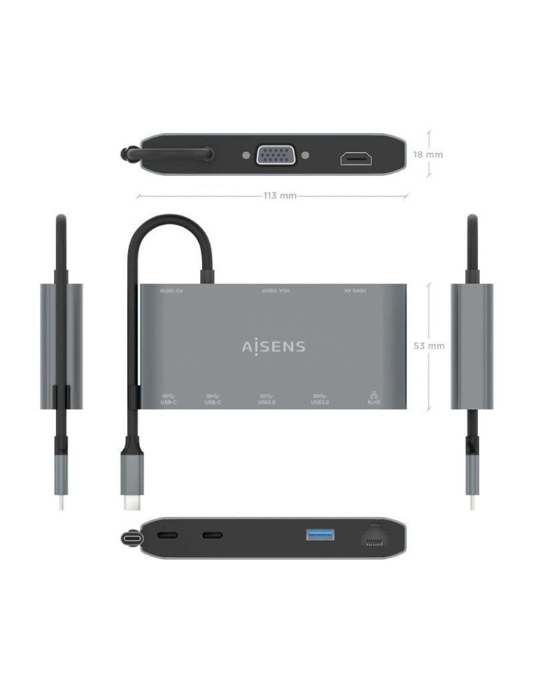 Docking USB Tipo-C Aisens ASUC-8P010-GR/ 1xHDMI 4K/ 1xVGA/ 2xUSB/ 1xRJ45/ 2xUSB Tipo-C/ 1xUSB Tipo-C PD/ Gris