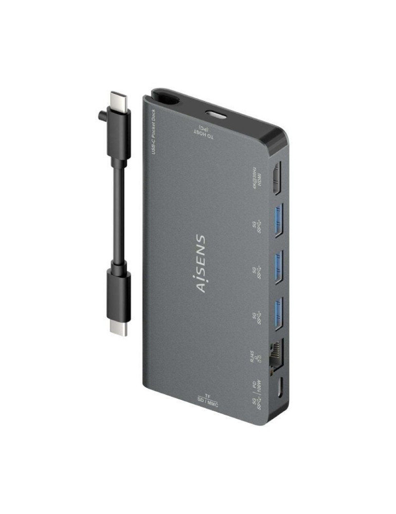 Docking USB Tipo-C Aisens ASUC-8P015-GR/ 1xHDMI 4K/ 3xUSB/ 1xRJ45/ 1xLector Tarjetas / 1xUSB Tipo-C/ Gris