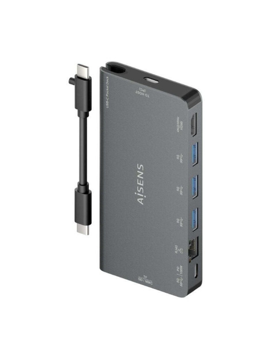 Docking USB Tipo-C Aisens ASUC-8P015-GR/ 1xHDMI 4K/ 3xUSB/ 1xRJ45/ 1xLector Tarjetas / 1xUSB Tipo-C/ Gris
