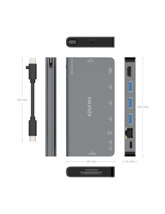 Docking USB Tipo-C Aisens ASUC-8P015-GR/ 1xHDMI 4K/ 3xUSB/ 1xRJ45/ 1xLector Tarjetas / 1xUSB Tipo-C/ Gris