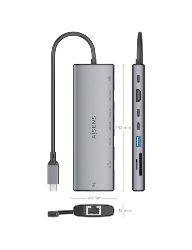 Docking USB Tipo-C Aisens ASUC-8P033-GR/ 1xHDMI 4K/ 1xUSB/ 2xUSB Tipo-C/ 1xRJ45/ 1xLector Tarjetas/ 1xUSB Tipo-C PD/ Gris