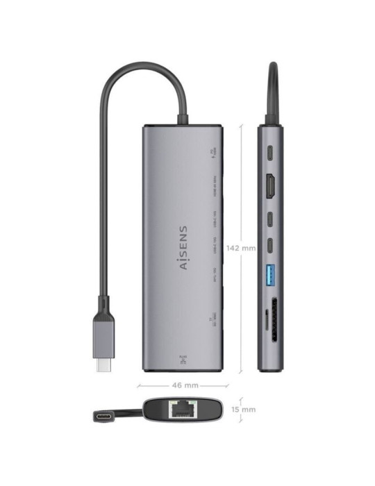 Docking USB Tipo-C Aisens ASUC-8P033-GR/ 1xHDMI 4K/ 1xUSB/ 2xUSB Tipo-C/ 1xRJ45/ 1xLector Tarjetas/ 1xUSB Tipo-C PD/ Gris