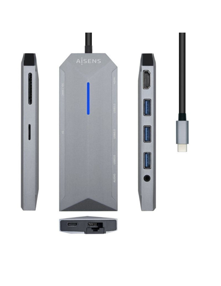 Docking USB Tipo-C Aisens ASUC-9P001-GR/ 1xHDMI 4K/ 3xUSB/ 1xRJ45/ 1xAudio/ 1xLector Tarjetas / 1xUSB Tipo-C PD/ Gris