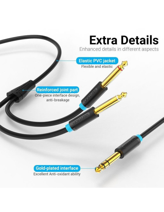 Cable Estéreo Vention BATBH/ Jack 6.35 Macho - 2x Jack 6.35 Macho/ 2m/ Negro