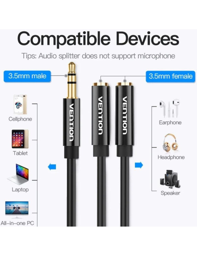 Cable Estéreo Vention BBSBY/ Jack 3.5 Macho - 2x Jack 3.5 Hembra/ 30cm/ Negro