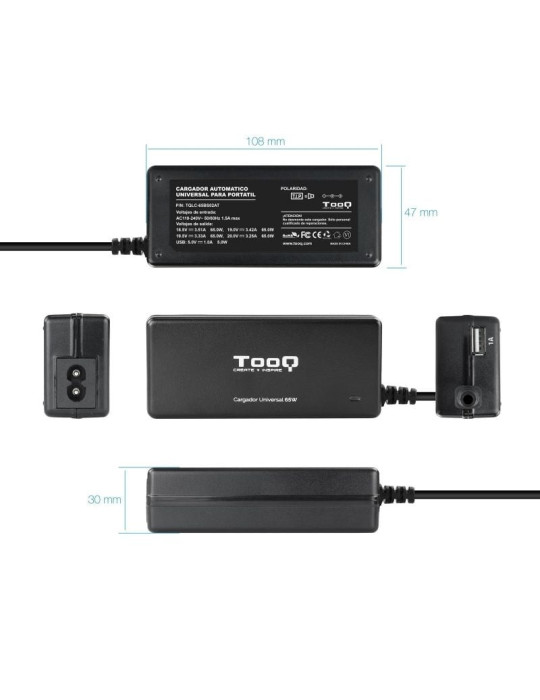 Cargador de Portátil TooQ TQLC-65BS02AT/ 65W/ 1xUSB/ Automático/ 8 Conectores/ Voltaje 18.5-20V/ 1 USB