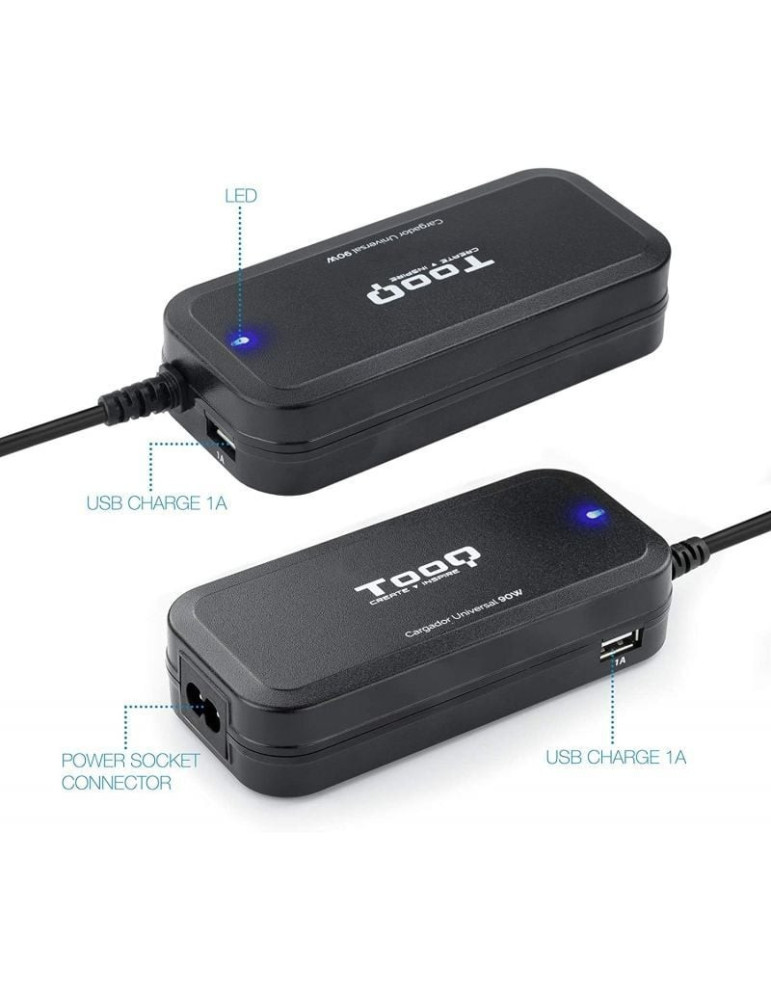 Cargador de Portátil TooQ TQLC-90BS02AT/ 90W/ 2xUSB/ Automático/ 12 Conectores/ Voltaje 12-20V
