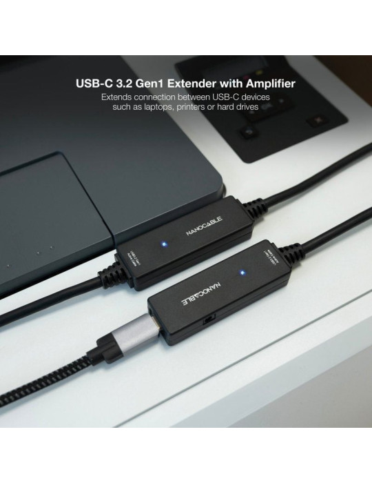 Cable Alargador USB Tipo-C 3.2 con Amplificador Nanocable 10.01.1312/ USB Tipo-C Macho - USB Tipo-C Hembra/ 10m/ Negro