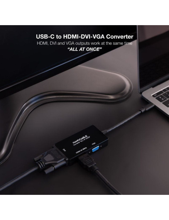 Conversor Nanocable 10.16.4301-ALL/ USB Tipo-C Macho - HDMI Hembra - DVI-I Hembra - VGA Hembra/ 20cm/ Negro
