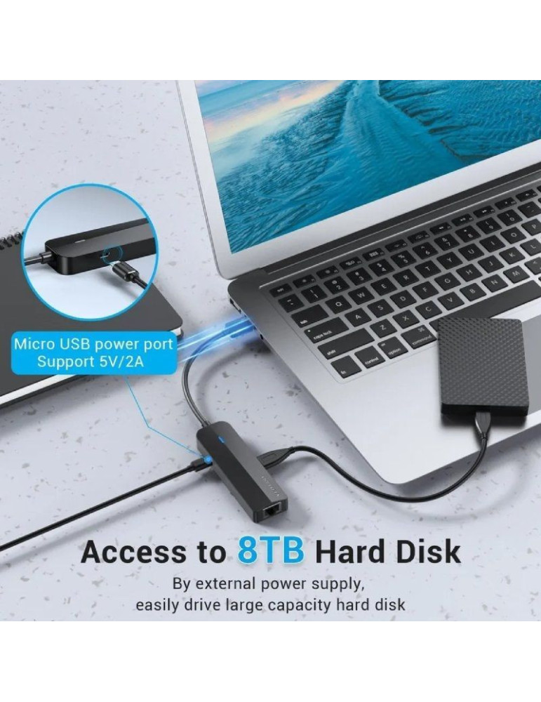 Docking USB 2.0 Vention CHPBB/ 3xUSB/ 1xMicro USB PD/ 1xRJ45/ Negro