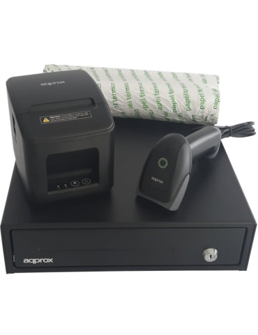 Pack para TPV Approx appPOSPACK3380USB-2D/ Cajón Portamonedas + Impresora Térmica de Tickets + Lector de Códigos + Rollos Térmic