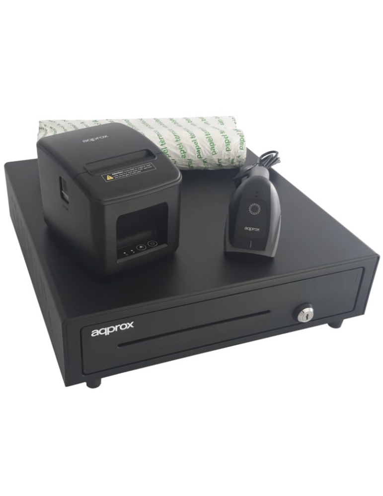 Pack para TPV Approx appPOSPACK4180USB-2D/ Cajón Portamonedas + Impresora Térmica de Tickets + Lector de Códigos + Rollos Térmic