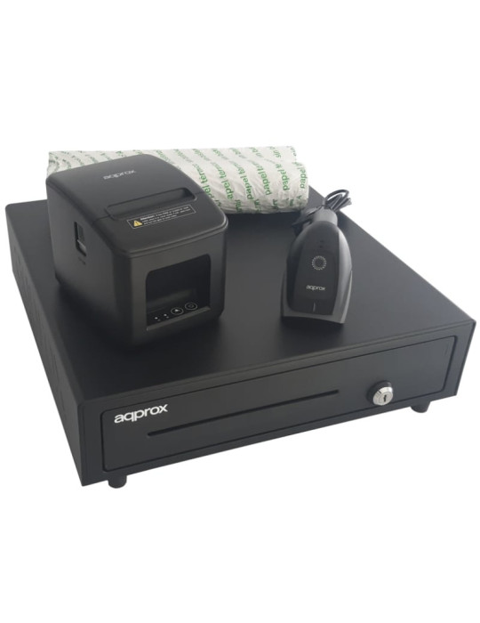 Pack para TPV Approx appPOSPACK4180USB-2D/ Cajón Portamonedas + Impresora Térmica de Tickets + Lector de Códigos + Rollos Térmic