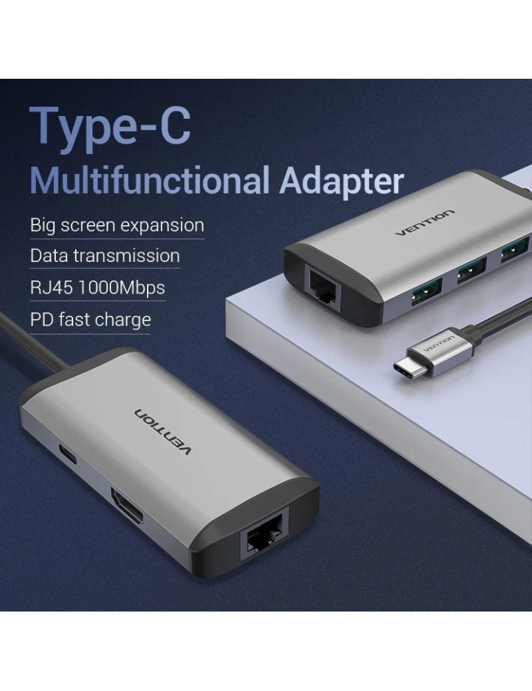 Docking USB Tipo-C Vention CNCHB/ 1xHDMI 4K/ 3xUSB/ 1xUSB Tipo-C PD/ 1xRJ45/ Gris