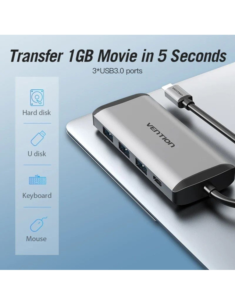 Docking USB Tipo-C Vention CNDHB/ 1xHDMI 4K/ 3xUSB/ 1xUSB Tipo-C PD/ 1xRJ45/ 1xLector tarjetas/ Gris