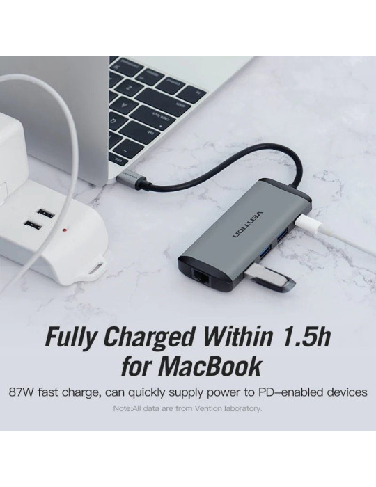 Docking USB Tipo-C Vention CNDHB/ 1xHDMI 4K/ 3xUSB/ 1xUSB Tipo-C PD/ 1xRJ45/ 1xLector tarjetas/ Gris